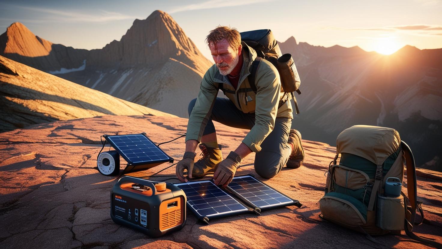 A hiker setting up solar panels